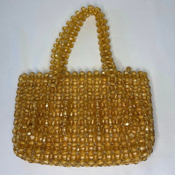 Vintage 1690's Handmade Acrylic Crystal Beaded Handle Bag Evening Bag Yellow - Picture 2 of 11